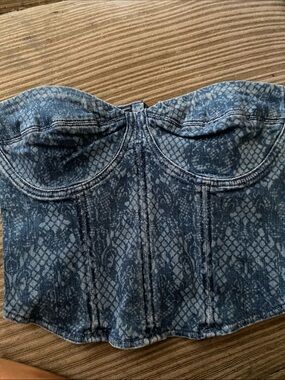 Denim Snake-Print Strapless Bustier Top - Blue